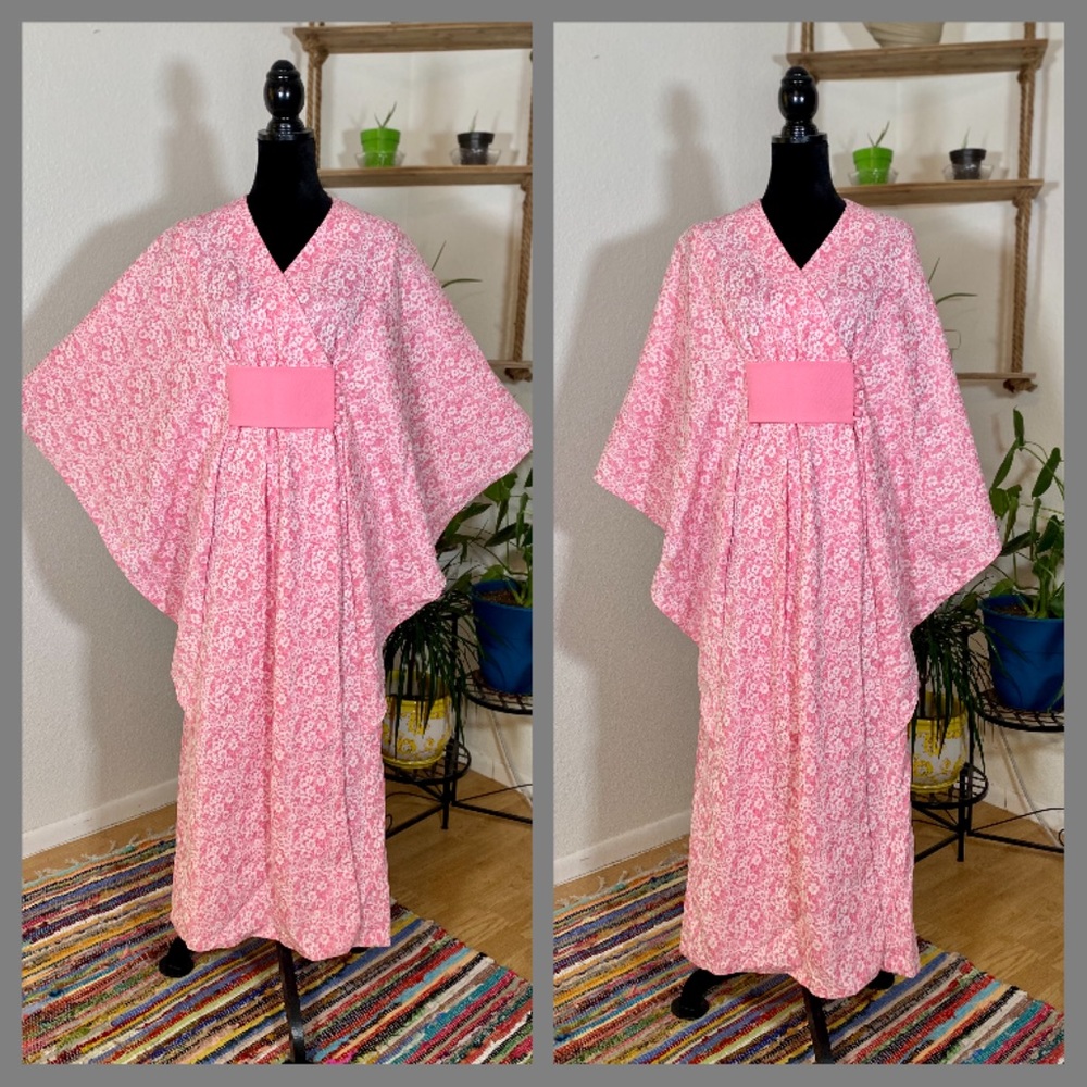 Vintage House Dress Muumuu Kimono Style Handmade Maxi Pink Floral Caftan Cottage